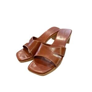 Kenneth Cole Brown Leather Heeled Sandals Square Toe Slip On Wood Band Stand 8.5